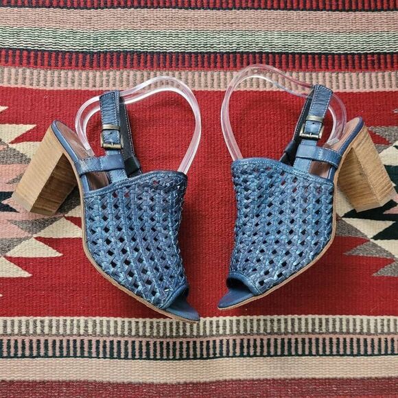 Sundance Blue Woven Leather Open Toe Heeled Sandal Sz 9 Sling Back Adjustable - Picture 2 of 8